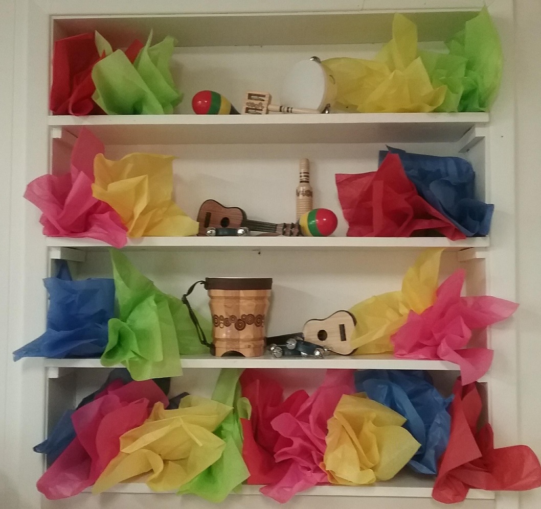 Shelf in fellowship hall with Puerto Rican themed decor